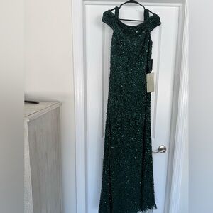 Adrianna Pappel Off the Shoulder Sequin Gown in Emerald
